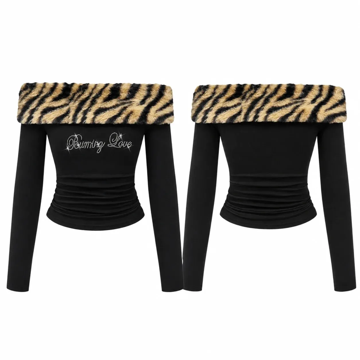 Women Y2K Tiger Print Faux Fur Trim Off Shoulder Top Rhinestone Burning Love Lettering Ruched Waist Fitted Bodycon Cropped Long Sleeve Bardot Tube Top Baddie Going Out Party Club，christmas valentine halloween cosplay costume plus size petit