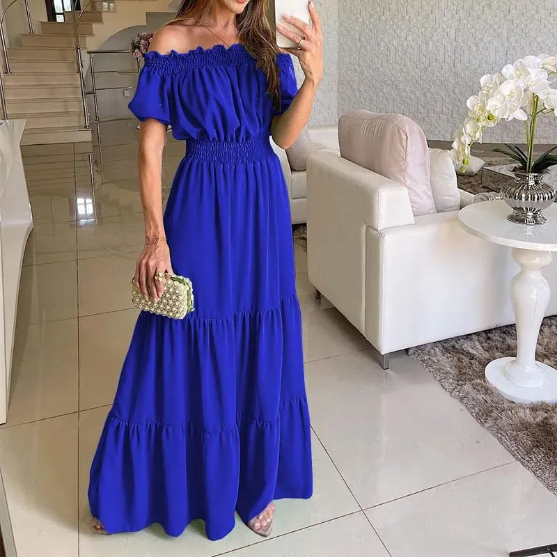 2025 Estate Solid Boho Dress Donna Moda Elegante Beach Party Dress Casual Slash Neck Ufficio Maxi Abiti per la donna Robe Femme