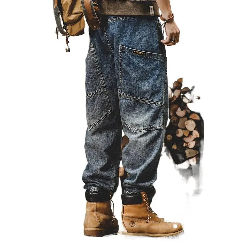 American Retro Jeans Men Autumn High StreetinsTrendy Cargo Pants Men Loose Fit Plus Size Straight Wide-Leg Pants