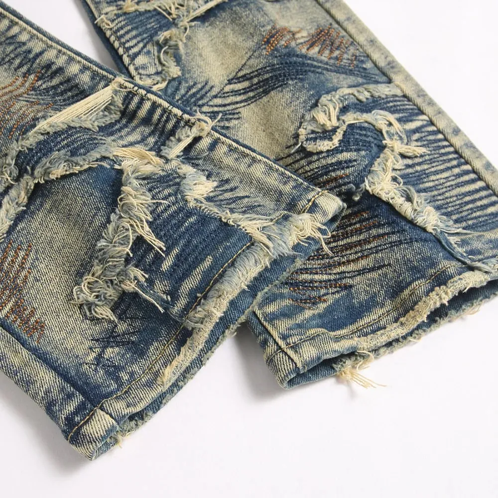 Men Embroidery Patch Boot Cut Jeans Patchwork Stretch Denim Slim Flared Pants Vintage Blue Streetwear Trousers