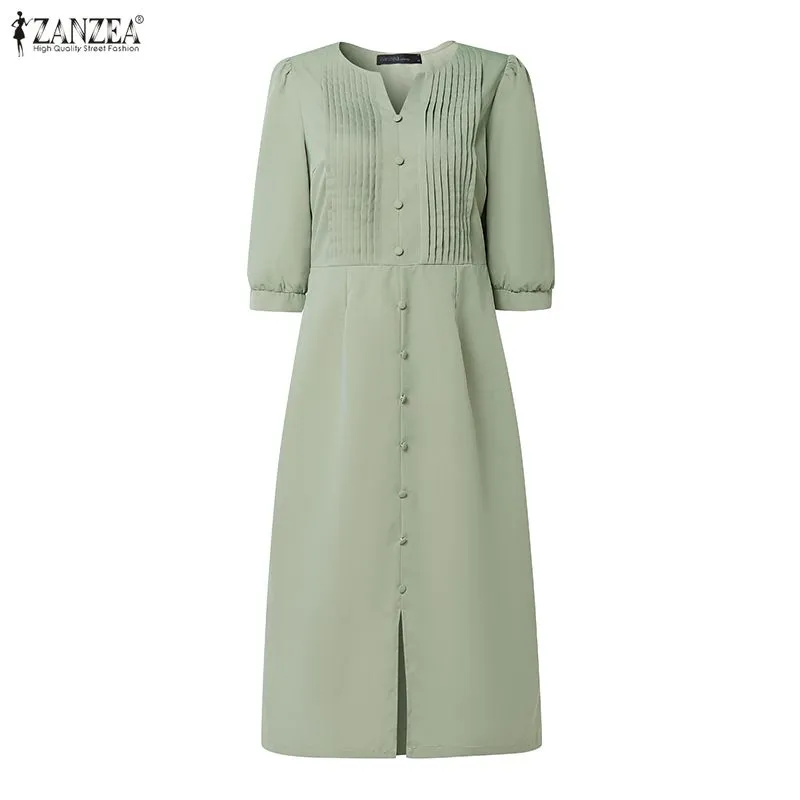 2026 ZANZEA Stylish Split Hem Dress Women Summer Sundress V Neck Half Sleeve Holiday Midi Robe Casual Solid Color Work Dresses