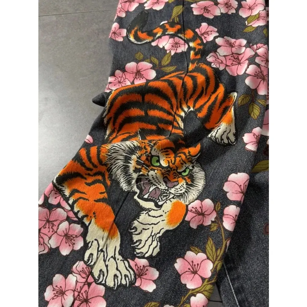 Y2K retro casual fashion high street pattern men's jeans floral tiger pattern loose high waist wide leg casual women's jeans