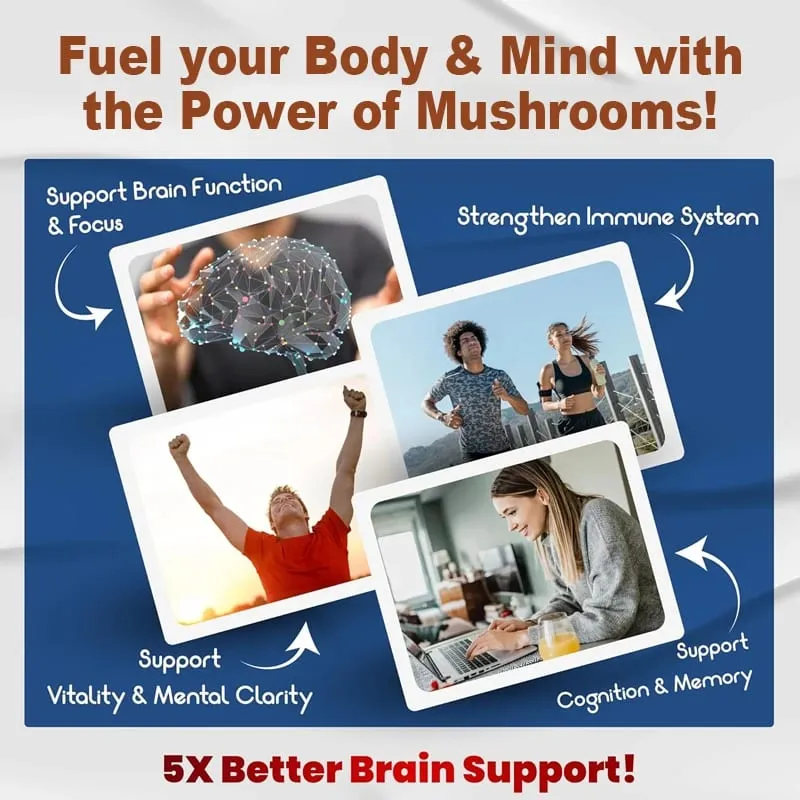 Organic Mushroom Capsules 2600MG with Lion's Mane Reishi & Cordyceps Supports Immunity Brain Focus Memory & Energy