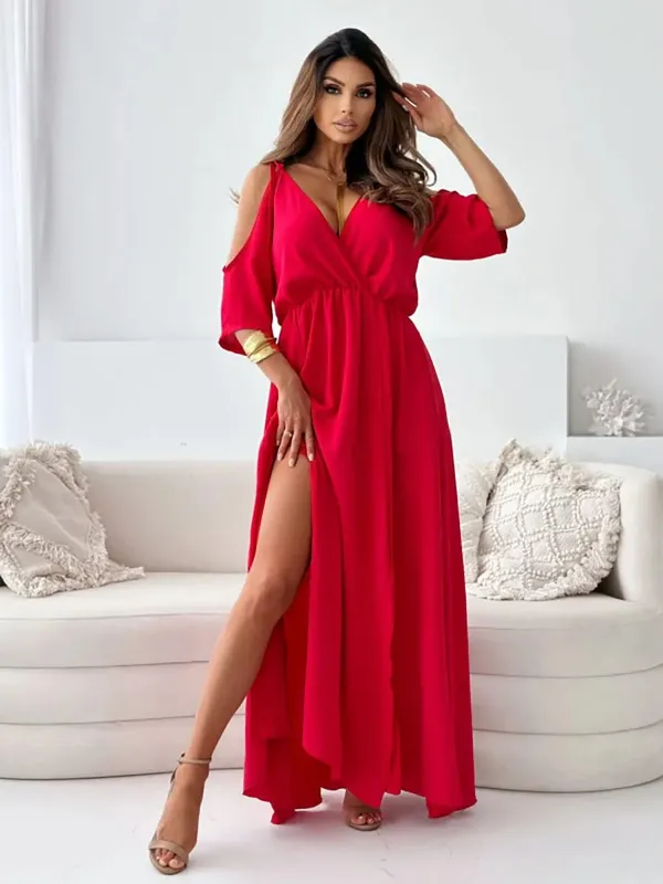 Summer V-neck Skirt Slit Dress Off-shoulder Sleeves Sexy Spaghetti Strap Dress Fashion Elegant Loose Beach Dresses Robe Femme