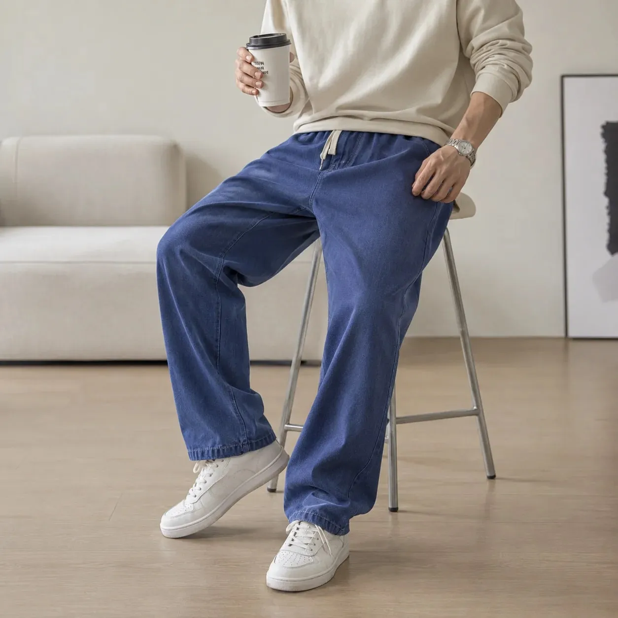 2026 New Streetwear Loose Jeans Men Korean Style Fashion Loose Straight Wide Leg Pants Men's Brand Clothing Black Light Blue