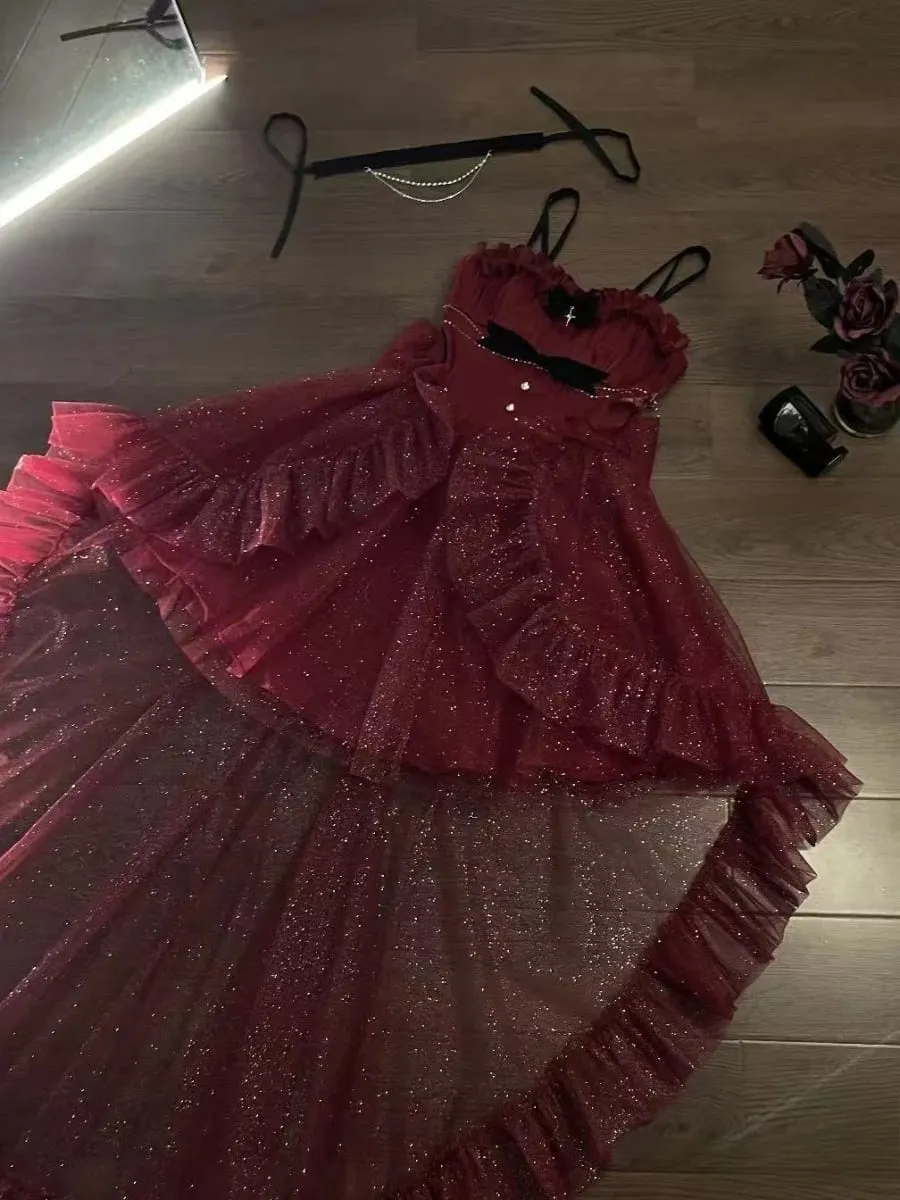 Gothic Red Lolita JSK Dress Women Spaghetti Strap Ruffle Tulle Skirt Chain Bow Decor High Low Hem Vintage Princess Party Dress — image 6