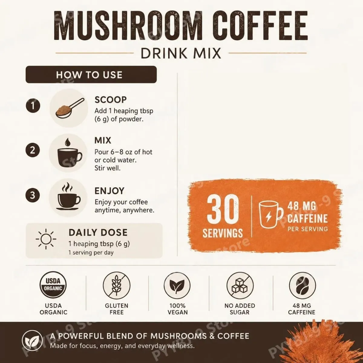 Organic Mushroom Blend Powder Lion's Mane Reishi Gut Health & Energy Support 48mg Caffeine Gluten Free Vegan 30 Servings