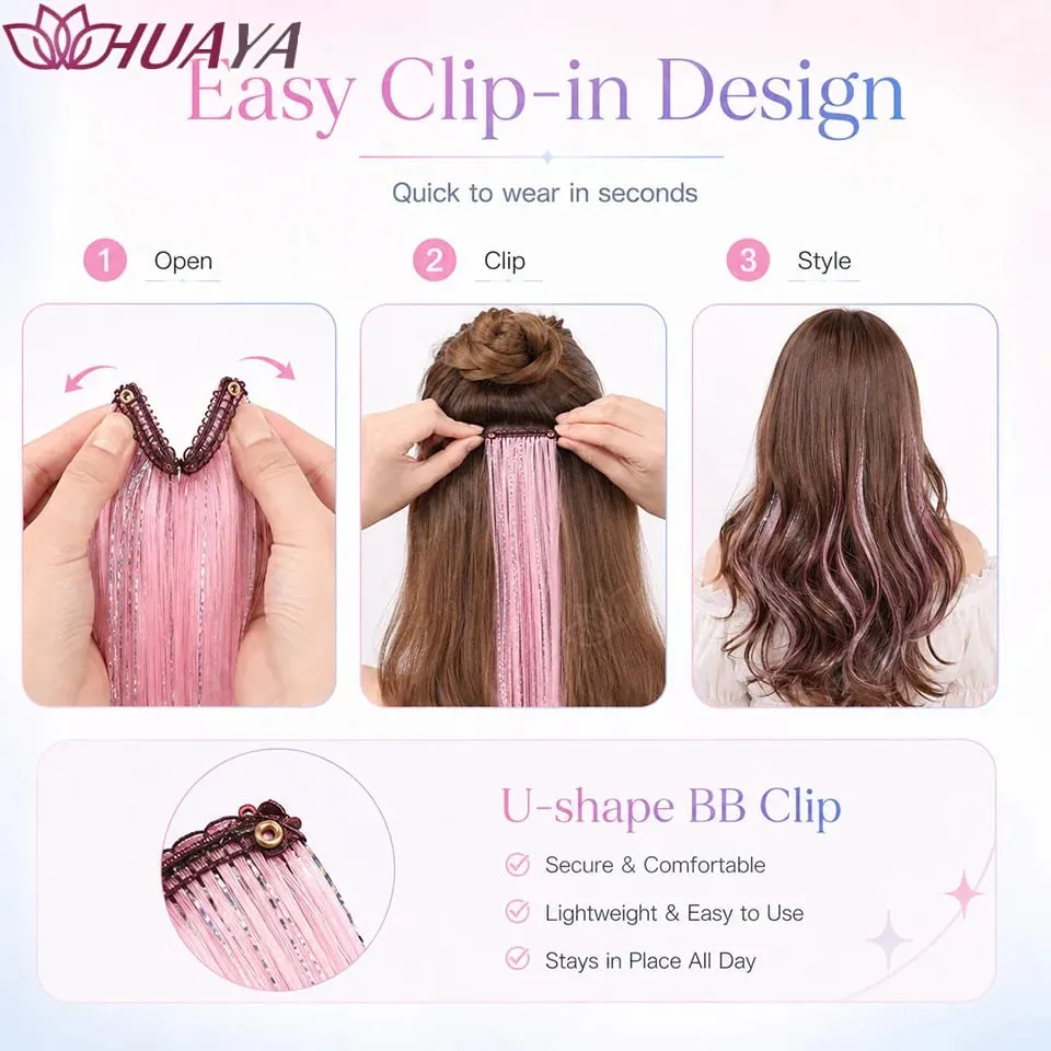Synthetic Glitter Hair Tinsel Clip In Extensions for Women Girls Colorful Party Festival Cosplay Hair Accessories