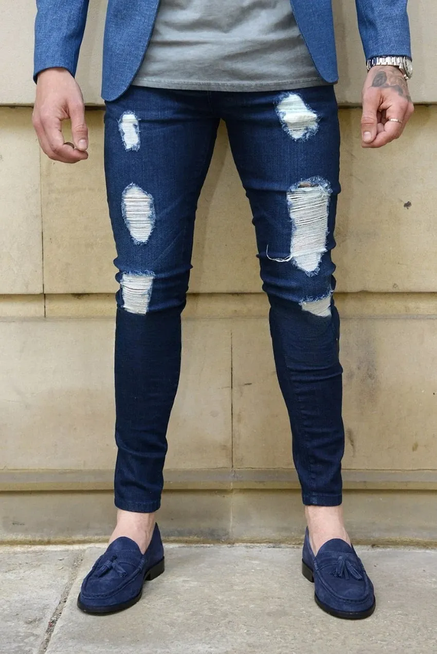 Men High Waist Black Ripped Skinny Jeans Fashion Hole Design Trendy Casual Denim Long Trousers