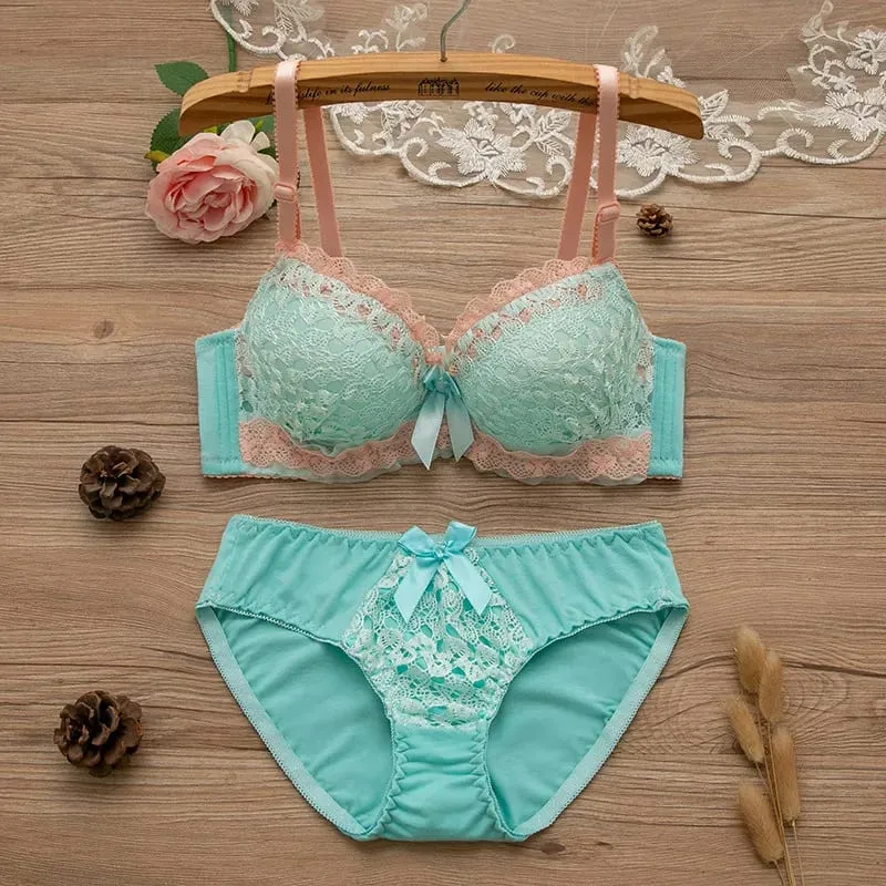 Women Underwire Sexy Lace Bra&Panty Shape‑Adjustable Push‑Up Bra For Small Bust Young Girls Anti‑Sagging Support Lingerie Set
