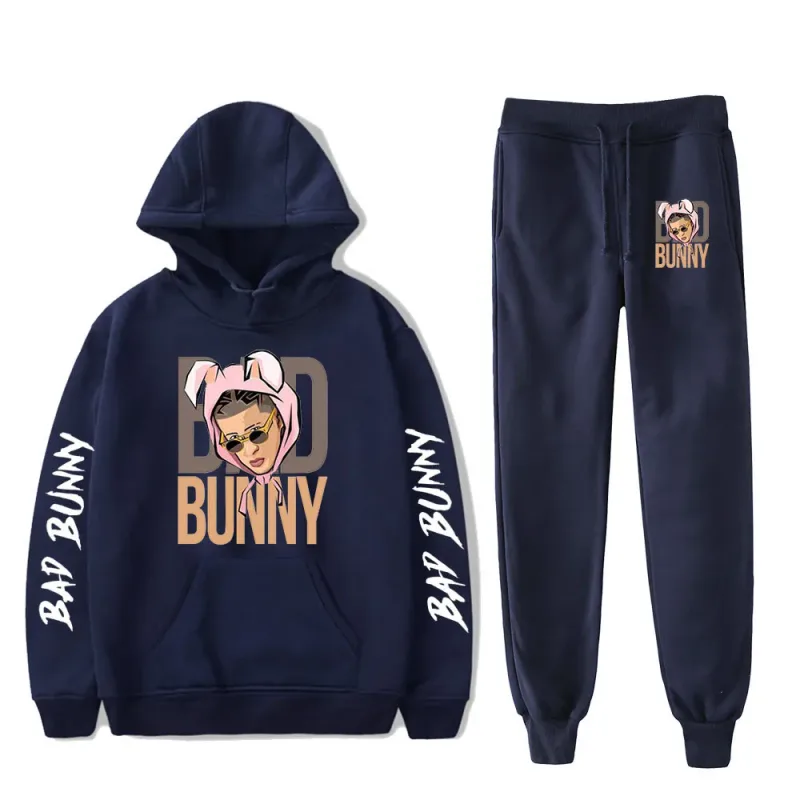 Harajuku Comfortable Funny bad bunny Print Sweatshirt Sweatpants Suit Men/Women Hoodies+ Trousers Suit Cute 2 Piece Set Clothes