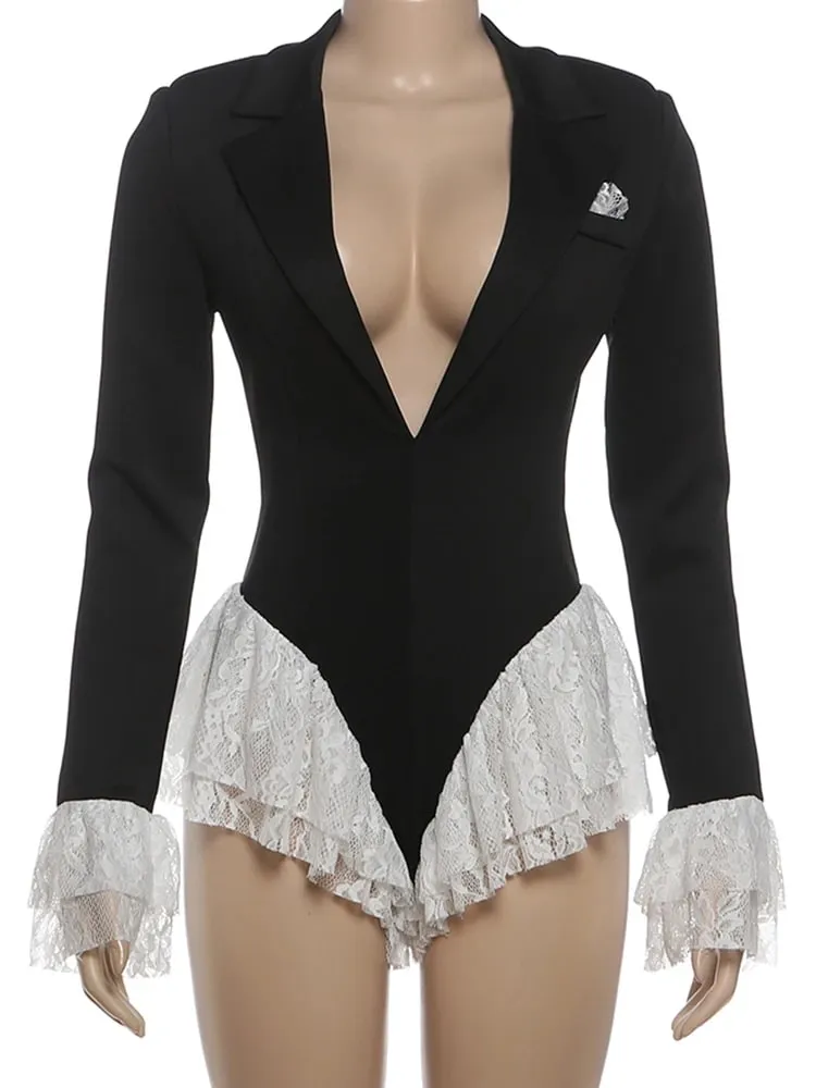 Weird Puss Sexy Ruffle Bodysuit Women Jacquard Deep V-Neck Lapel Tierred Patchwork Full Sleeve Elegant Stretch Skinny Clubwear