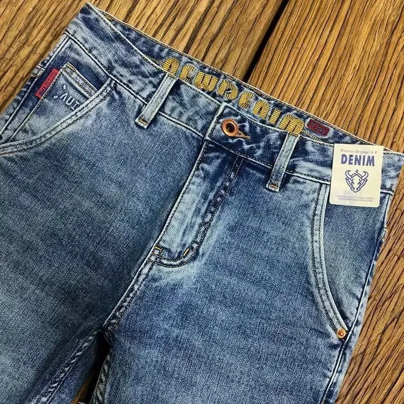 Embroidery Slant Pocket Jeans Men's Trendy Brand Embroidery Slim-fit Elastic Small Straight Blue Fashion Casual Trousers Men