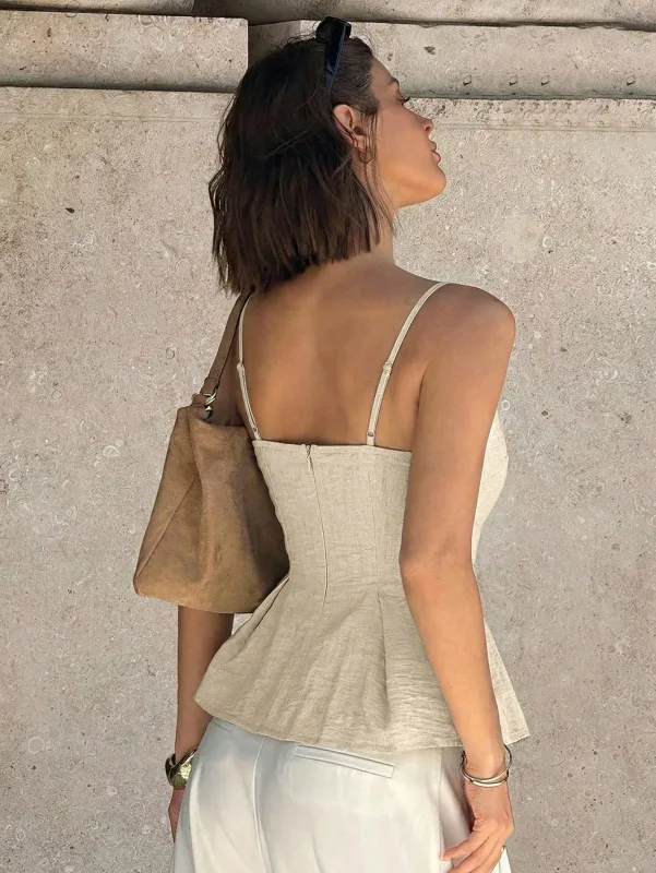 Vintage Beige Lace Spliced Camisole Women Slim Fit Peplum Hem Sling Top Casual Summer Sleeveless Vest