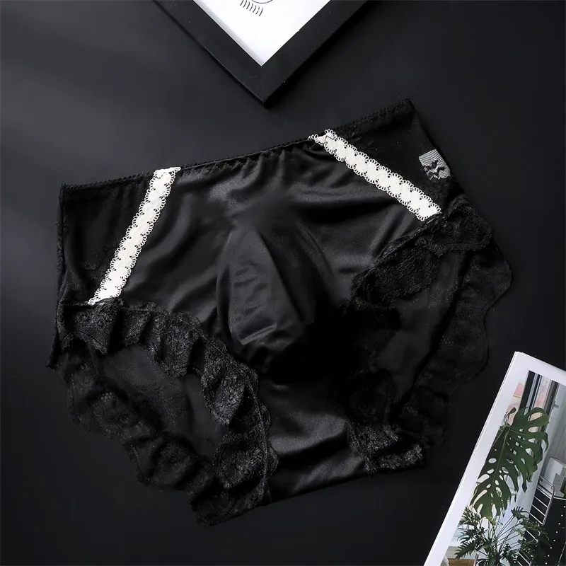 adults 18 plus size men's underwear Ice silk cuecas masculino 3D convex bag cueca color blocked lace mesh calzoncillos hombre