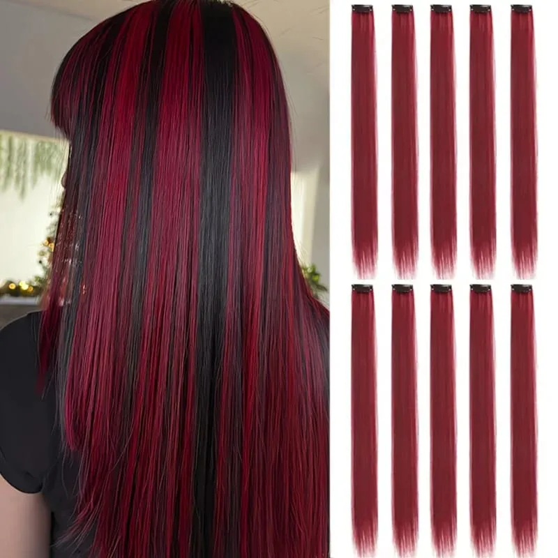 10PCS Hair Extensions Clip in -24 inch Colorful Hair Extensions Party Highlights Long Straight Synthetic Wigs Suitable for Girl
