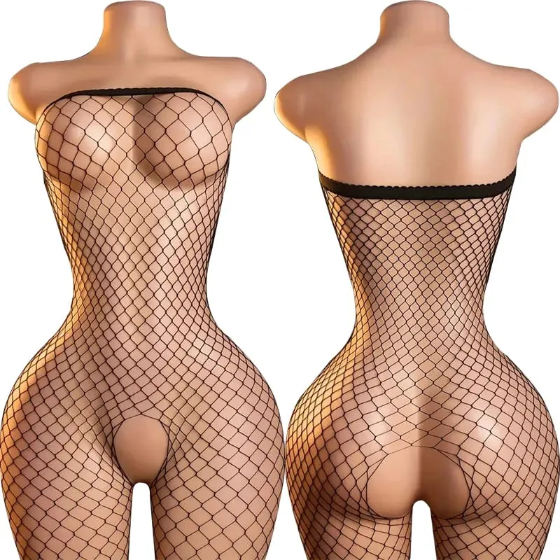Black Fishnet Off-Shoulder Open-Crotch Bodystocking Lingerie Set Sexy Crotchless Teddy Bra Women's Erotic Underwear