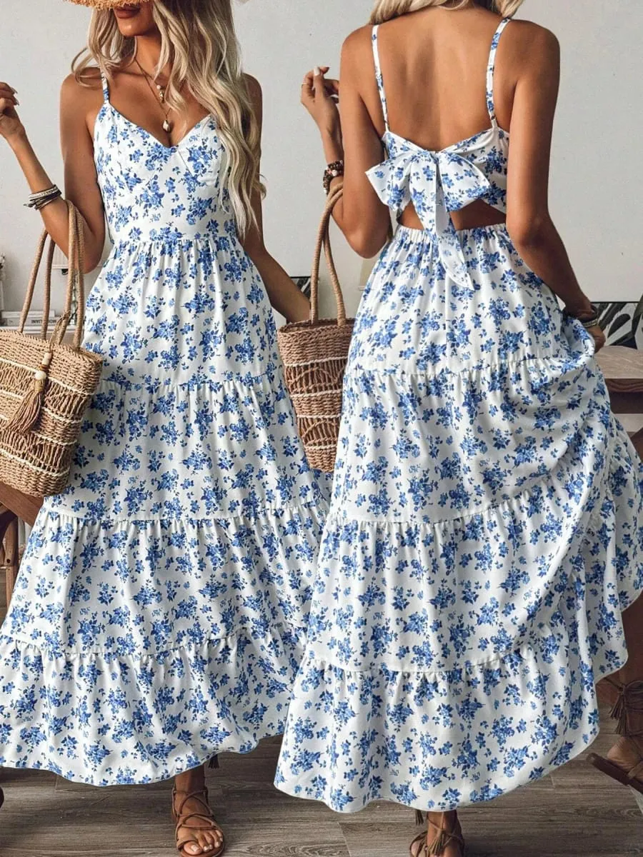 Women's V-neck Floral Print Camisole Dress—a sexy Backless Flowy Long Party Dress Featuring a Bow Detail. — image 1