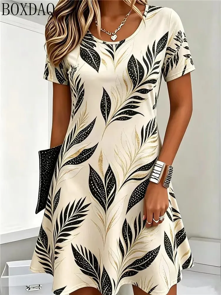 Casual Summer Women's Dresses Loose Short Sleeve Round Neck Leaf Pattern Printed Dress