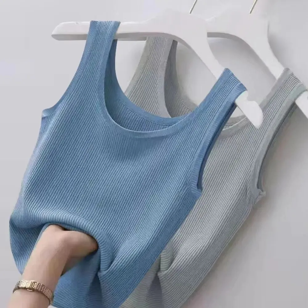 2024 Polyester Sexy Sleeveless Camisole Basic Top Solid Color Summer Camisole Streetwear Tees T-Shirt Spring Knitted Tank Women