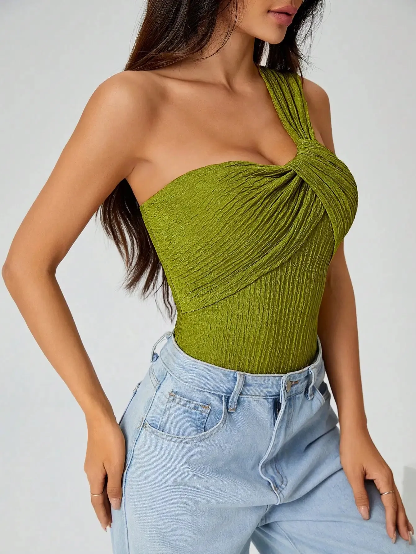 Women One Shoulder Twist Bodysuit Textured Crinkle Fabric Sleeveless Slim Fit Party Club Jumpsuit Top Green