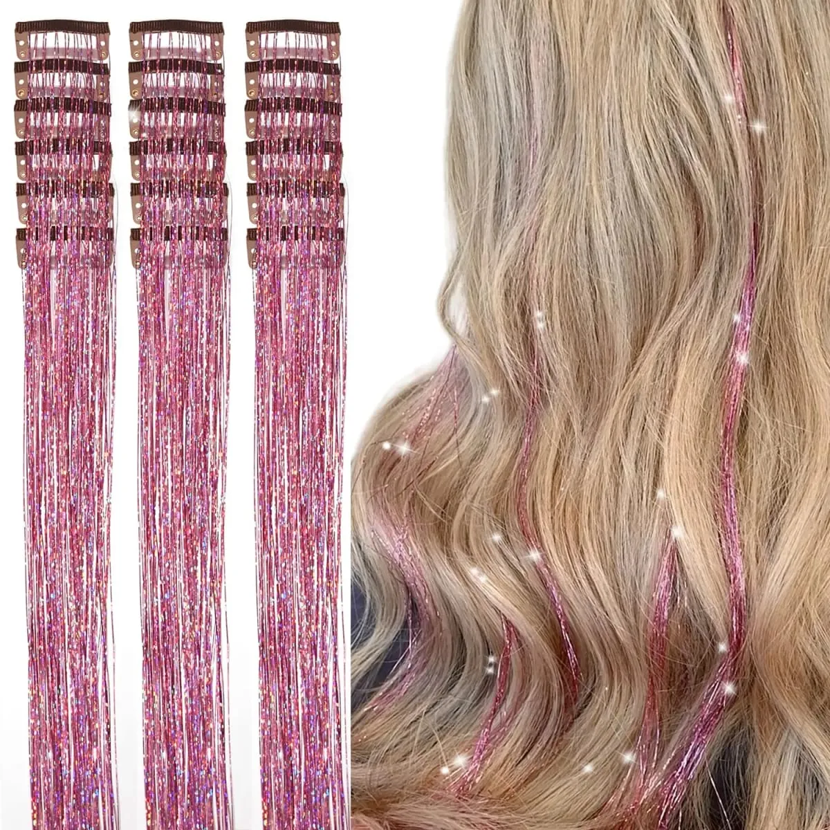 Sambungan Rambut Tinsel Berkilauan 20 Inci dengan Klip Dalam 6 Keping/Set Klip Sintetik dalam Aksesori Rambut Sparkle Fairy untuk Kanak-kanak Wanita