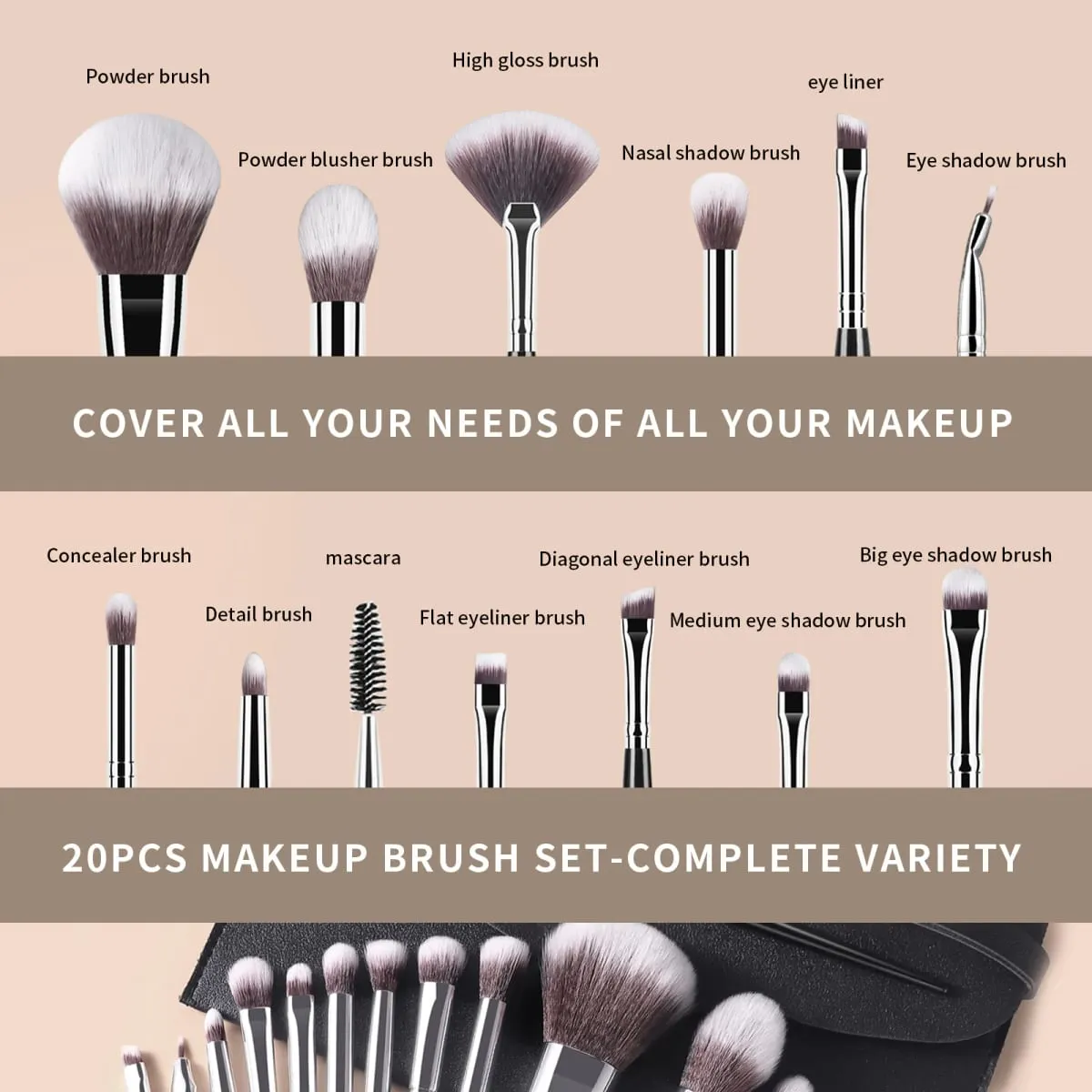 20Pcs Makeup Brush Set Powder Foundation Blush Eyeshadow Eyebrow Brushes Cosmetic Tools with Storage Bag