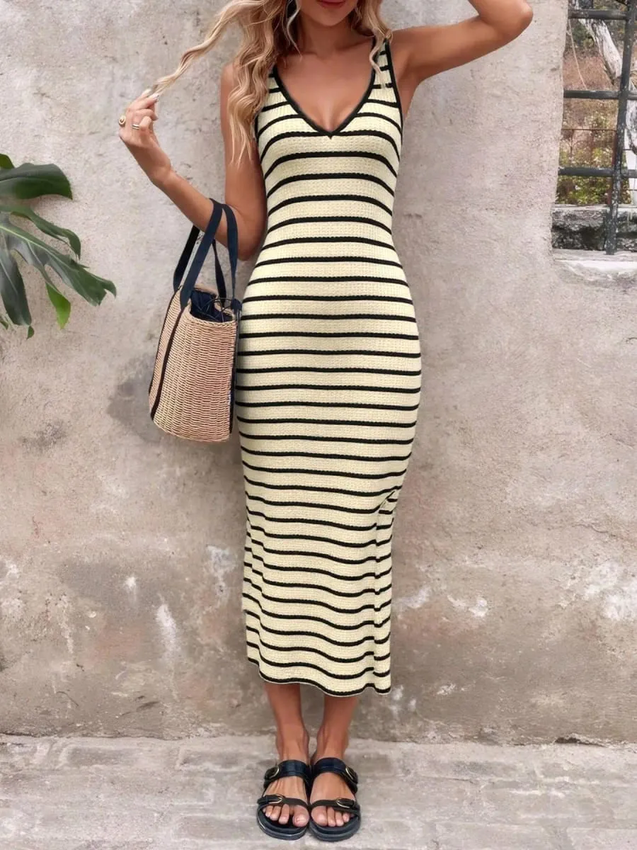 V Neck Striped Knit Midi Dress For Women Sleeveless Side Split Bodycon Long Dress Summer Casual Elegant Tank Dresses