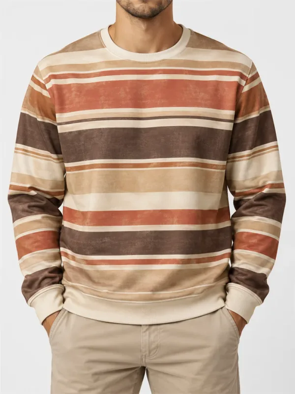 Vintage stribet sweatshirt med rund hals til mænd Casual langærmet trøje Farveblok Efterår Streetwear Hverdagsmode Klassisk top