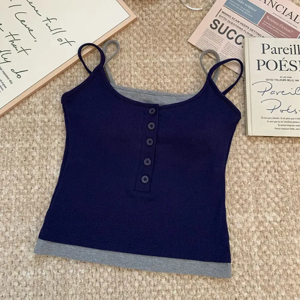 Canotta casual in due pezzi finta a strati Y2K Canottiera in maglia a costine Canottiera slim fit senza maniche con imbottitura sul petto per l'uso quotidiano