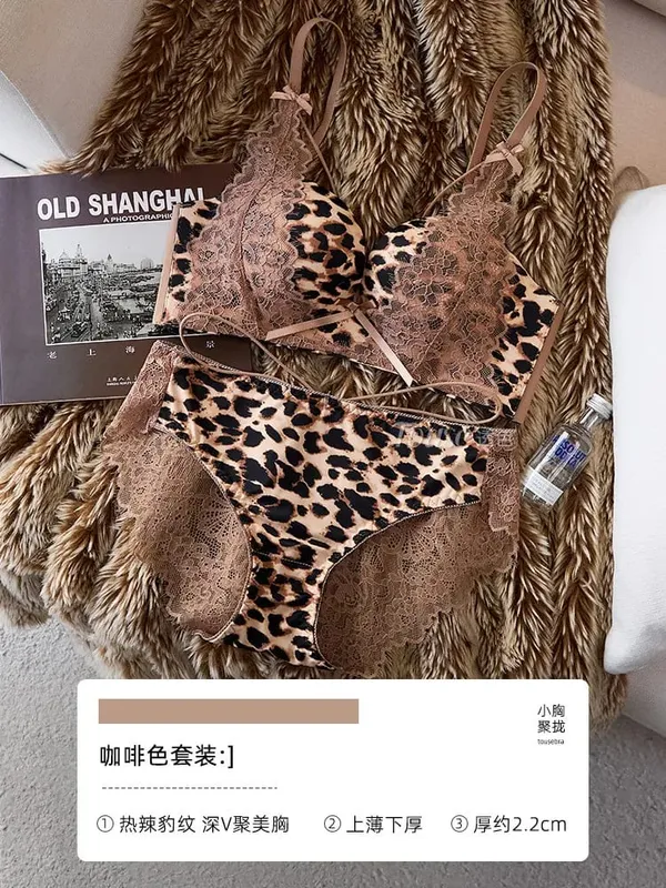 Ensemble de Lingerie Sexy en dentelle imprimé léopard pour femmes, sous-vêtements Push-Up sans fil, soutien latéral anti-affaissement, 32 à 38AB, tendance