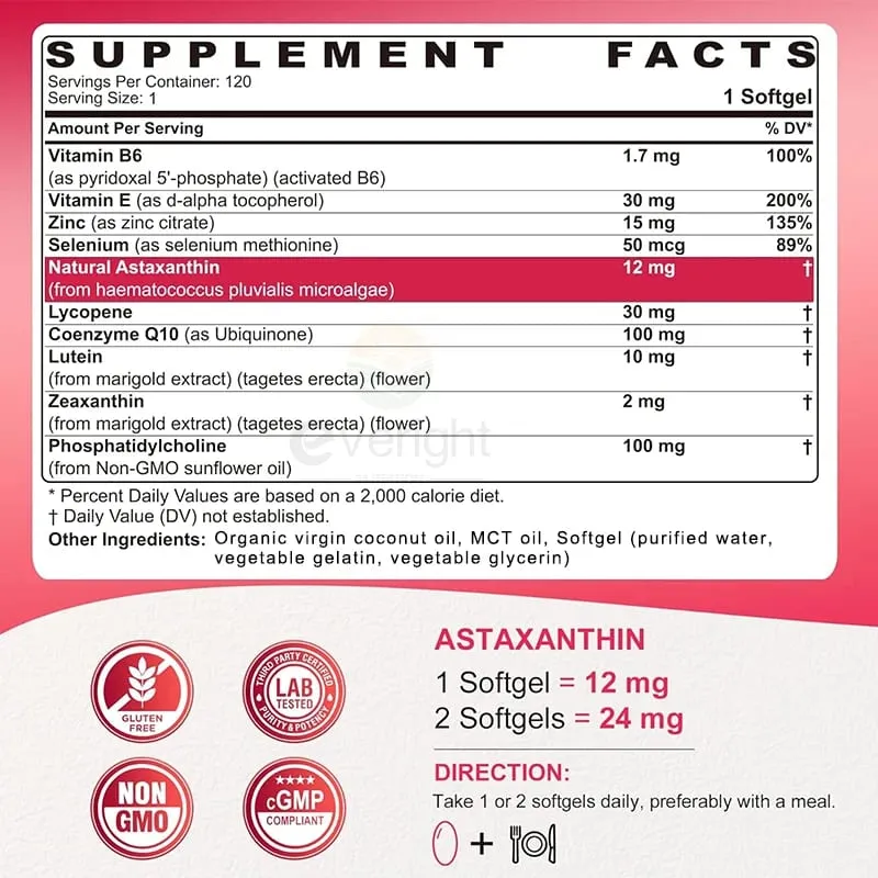 Liposomal Astaxanthin อาหารเสริม Lycopene CoQ10 Lutein วิตามิน B6 E สังกะสีสารต้านอนุมูลอิสระเพื่อสุขภาพผิวดวงตา Aging