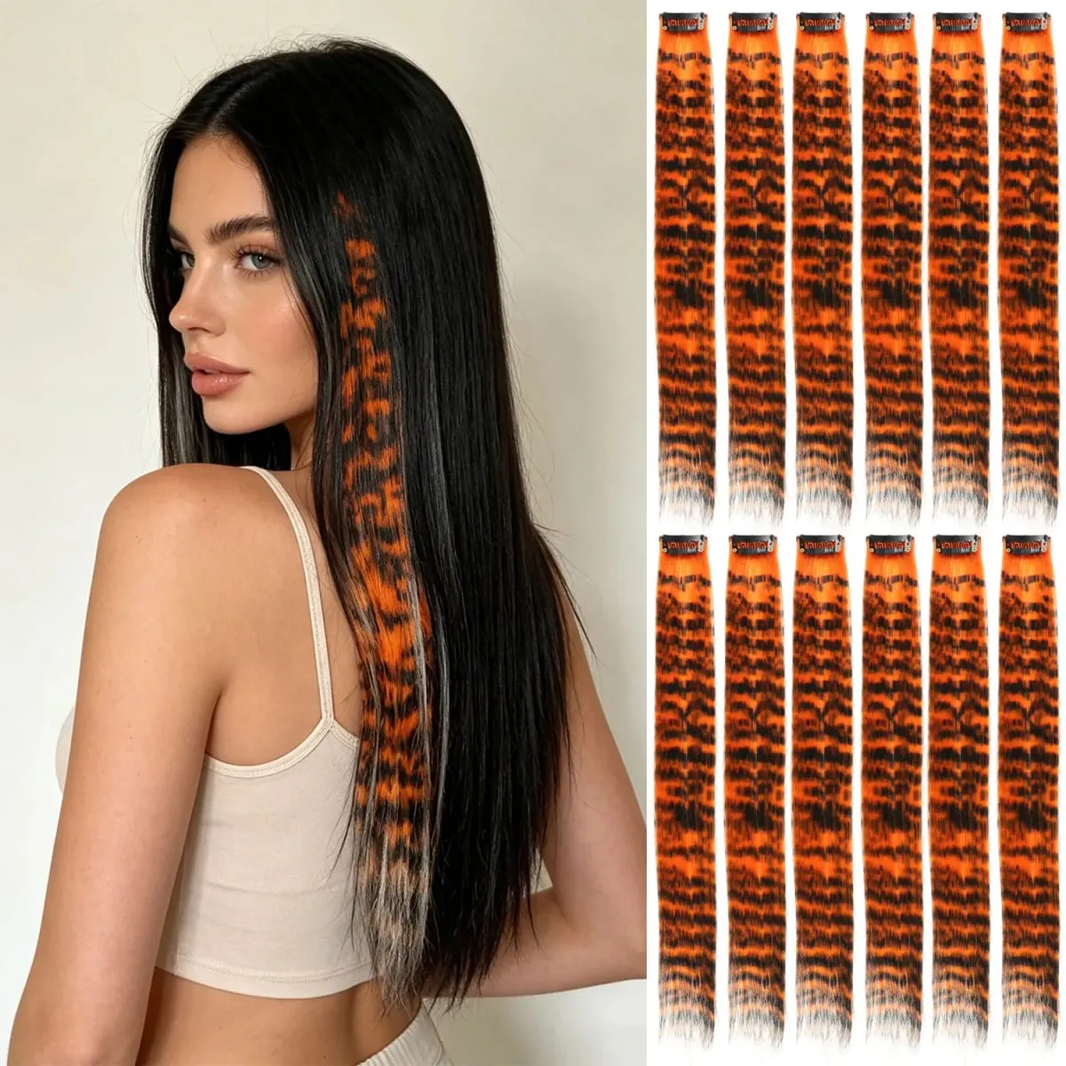Synthetic clip in colorful striped hair Clip in feather hair extensions 18inch for women ladies daily party holiday