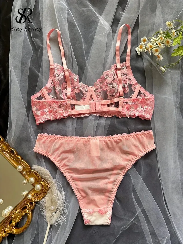 Διχτυωτό Sheer Εσώρουχα Δύο Κοστούμια Γαλλικά Floral Seusual Σετ Εσωρούχων Γυναικεία Κέντημα Σέξι Σετ σουτιέν και σλιπ