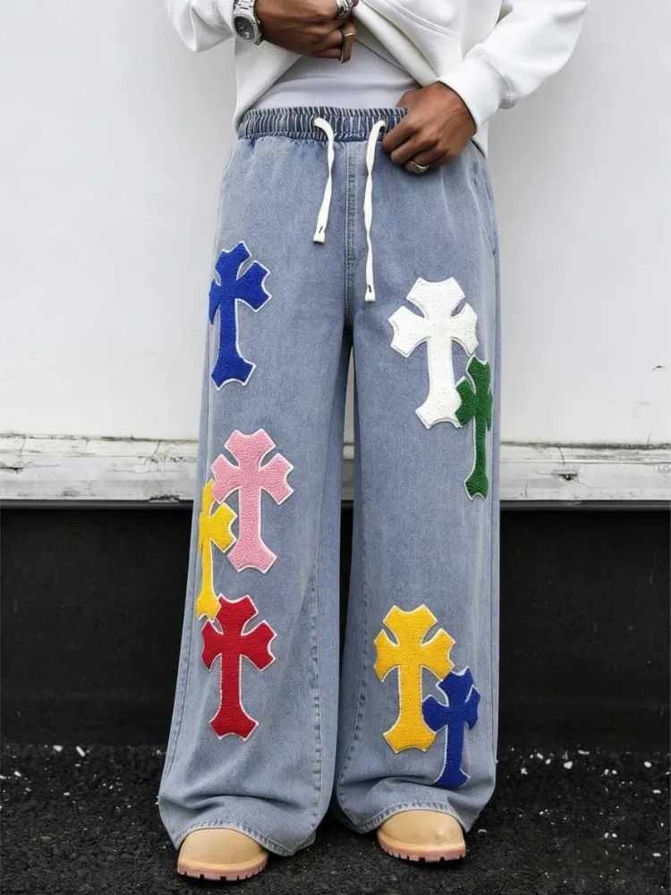 Men's Colorful Cross Embroidered Baggy Jeans Elastic Waist Wide Leg Streetwear Denim Pants Hip Hop Y2K Style Fashion Trousers