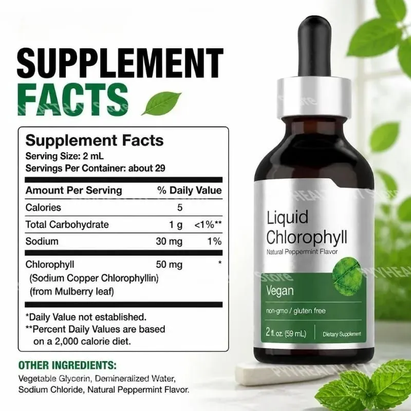 Liquid Chlorophyll 50 Mg Vegan Non-GMO Gluten & Wheat Free Natural Peppermint Flavor No Artificial Flavors 29 Servings