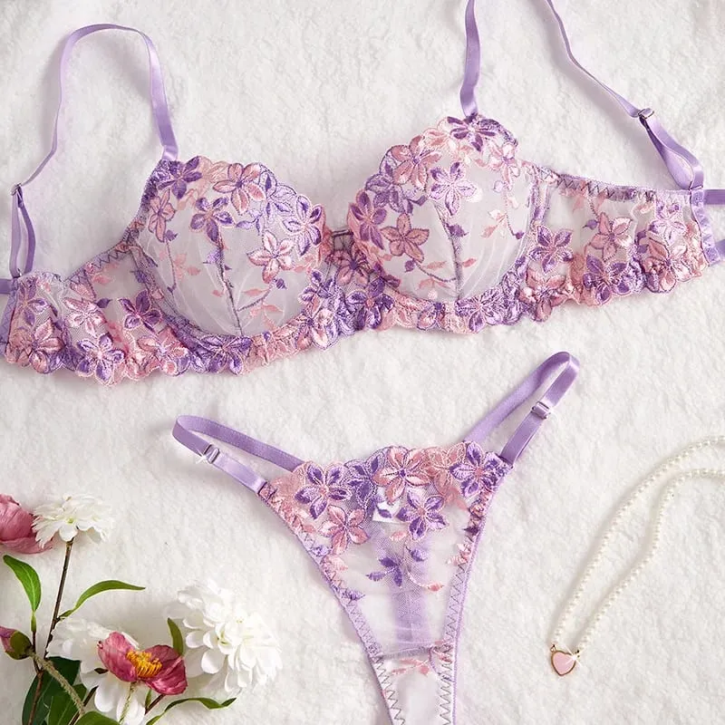 Purple Sexy Lingerie for Women Sets Lace Embroidery 2 Piece Underwear Set Sheer Mesh Bra and Panty Set with Underwire