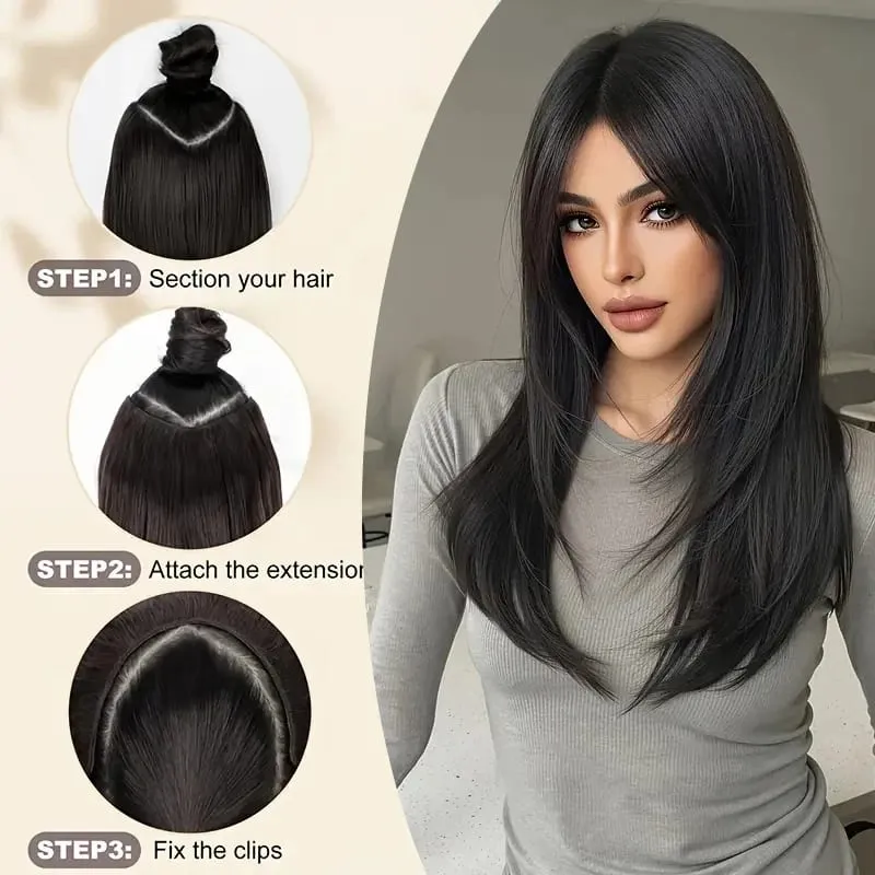22Inch Synthetic V-Shape Long Straight Hair Extension Layered Hairpiece Natural Invisible Everyday Wear for Women Daily Party