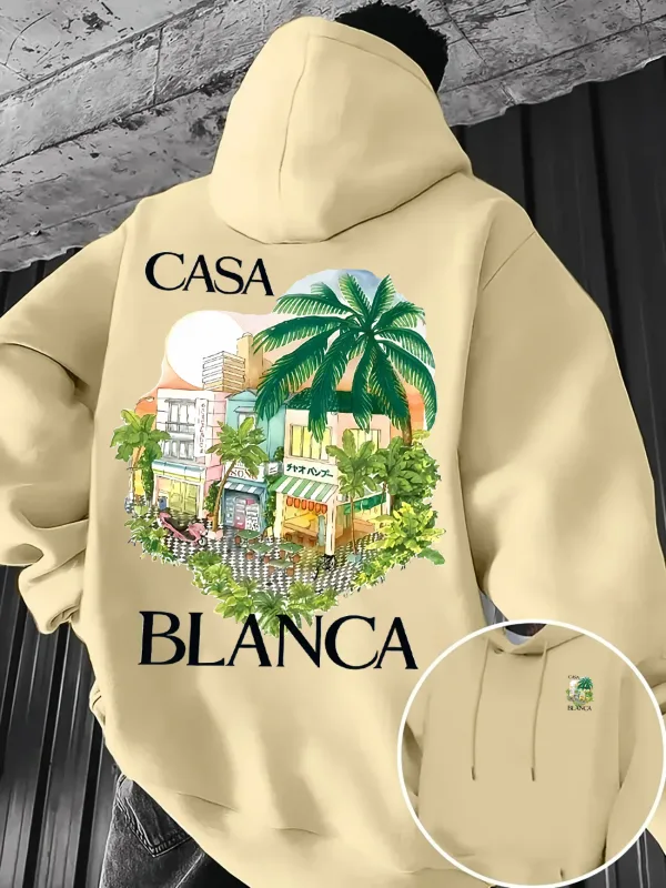 Men's Fall/Winter Fleece Hoodie with Tropical Palm City Landscape Print Warm and Loose Fit Street Style Hooded Sweatshirt