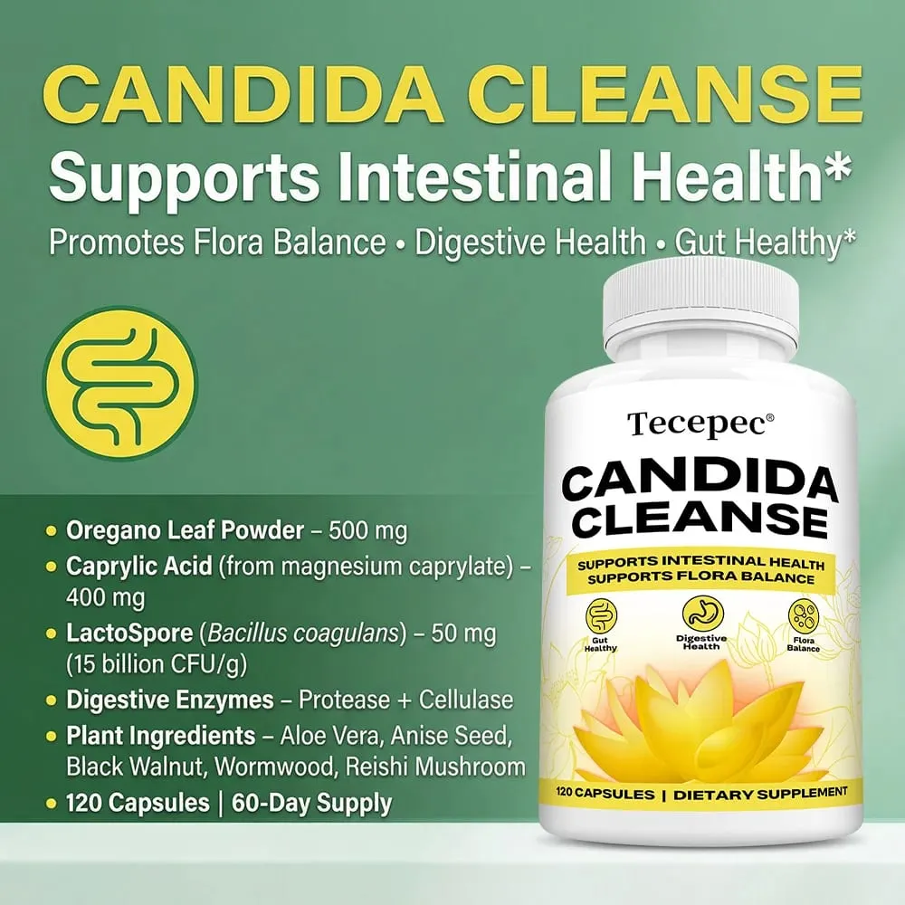Candida Cleanse Capsules – Détox du côlon intestinal, équilibre de la flore intestinale, favorise la digestion, soulage les ballonnements, supplément antioxydant