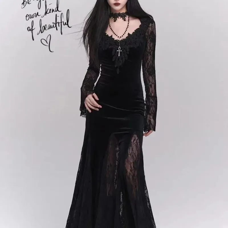 Vinter Gotisk Grunge Spetsklänning Koreansk Modedesign Festival Lång Balklänning Kvinnor Halloween Kostym Sexiga Slimma Festklänningar