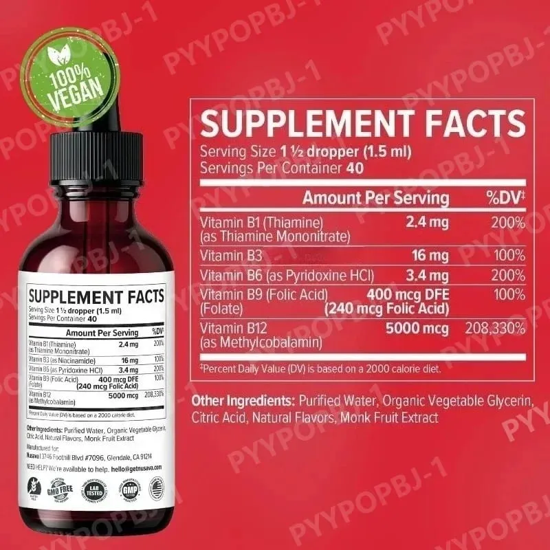 5-in-1 Vitamin B Complex Liquid Drops B12 B6 B1 Niacin Folate Support Normal Energy Metabolism Immune System Health