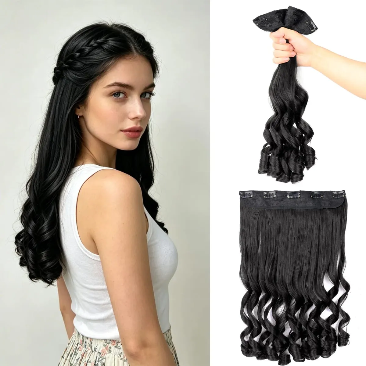 Synthetic Clip in One Piece Hair Extensions 5 Clips in one piece false hair 16inch French curl Style for women girls Daily Party