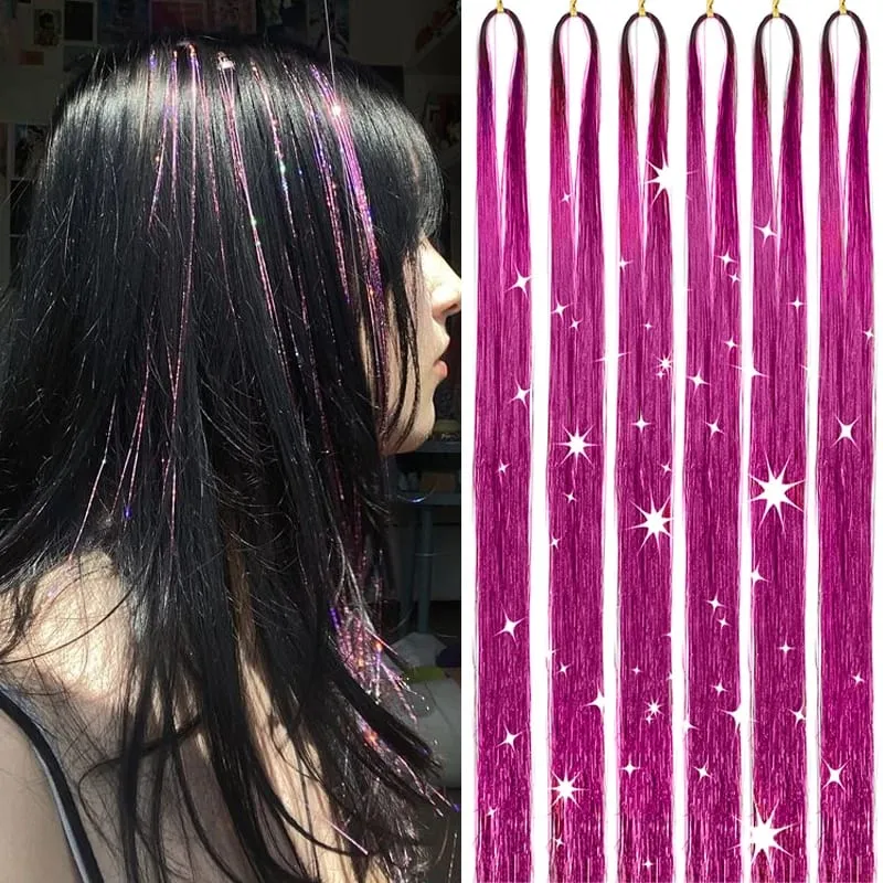 6Pcs Hair Tinsel Kit 24inch 1200 Strands Glitter Tinsel Hair Extensions Shiny Colorful Tinsel Hair Party Highlights for Women
