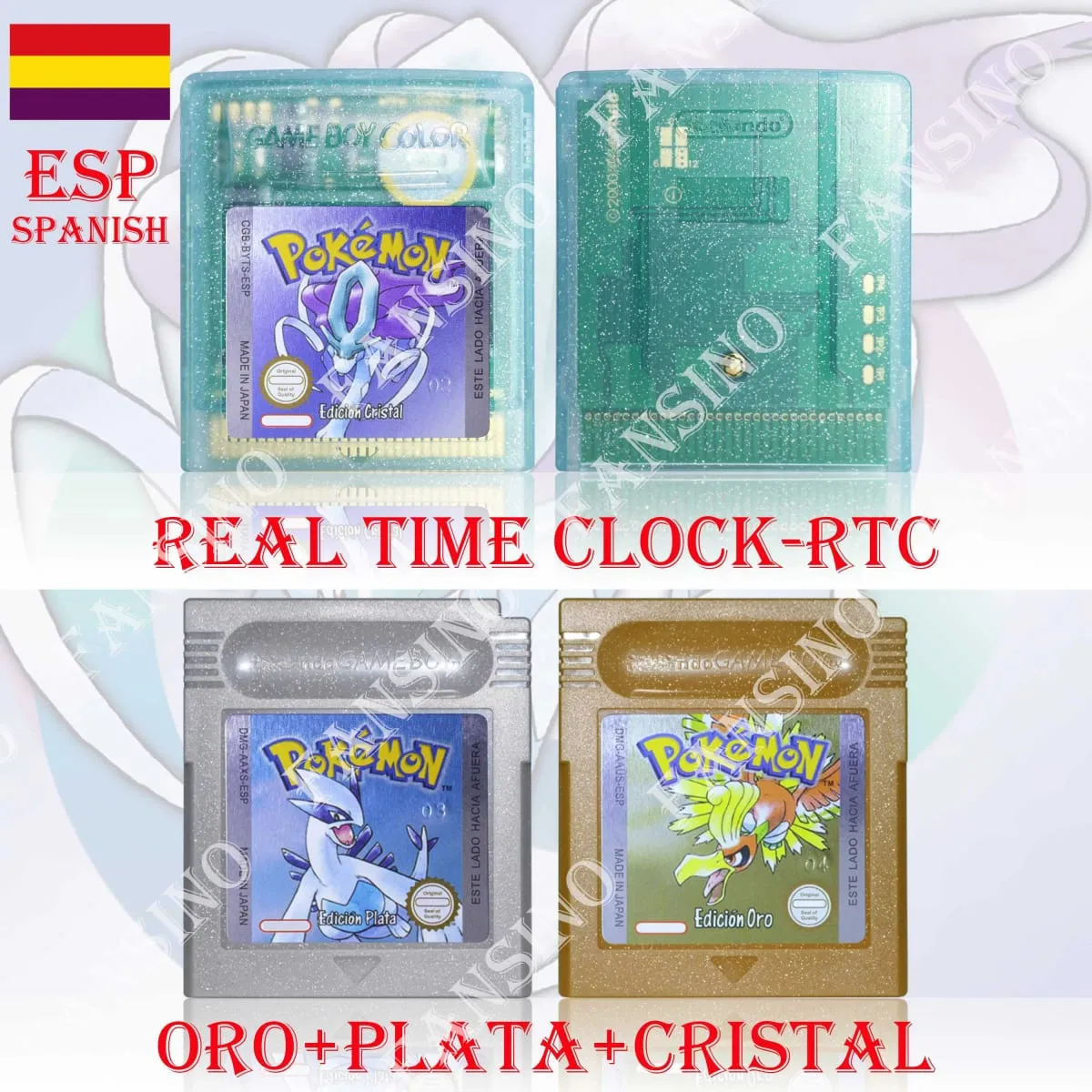 GB/GBC Real Time Clock Pokemon Crystal/Gold/Silver Version Video Game Cartridge with Battery USA/NOE/FRA/ESP/ITA Version