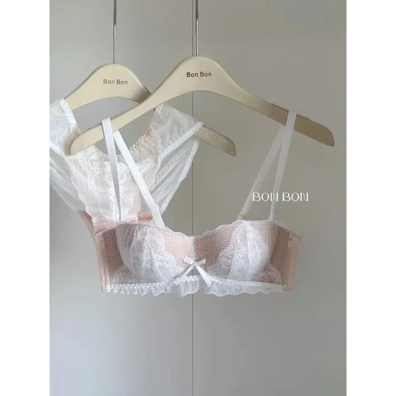 Women's French Lace Bra & Briefs Set Sexy Semi Cup Push Up Small Bust Support Enhance Comfort Lightweight Bralette Free Shipping
