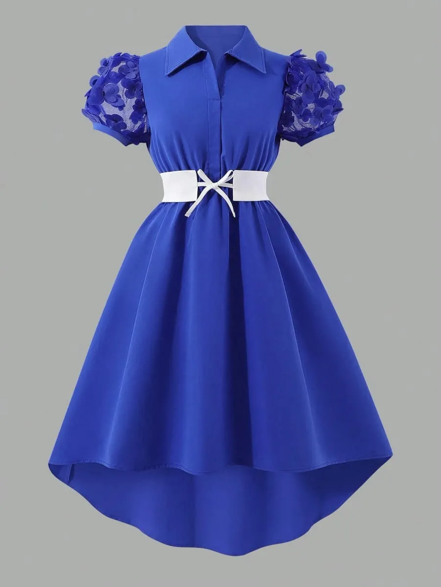 Women PuffSleeve ShirtCollar RoyalBlue 3DFloral HiLoHem Midi Dress ElegantRetro SpringSummer Chic Party Club Lightweight Dress
