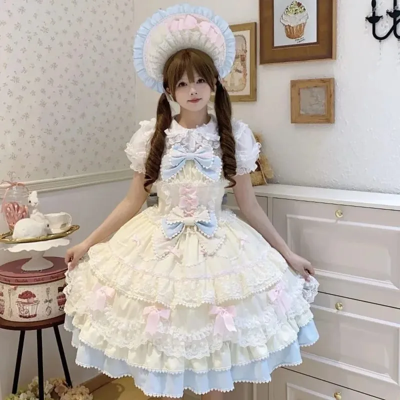 Y2K Sweet Lolita Jks Strap Dress Women Solid Ruffle Lace Bow Patchwork Kawaii Princess Ball Gown Knee-Length Elegant Party