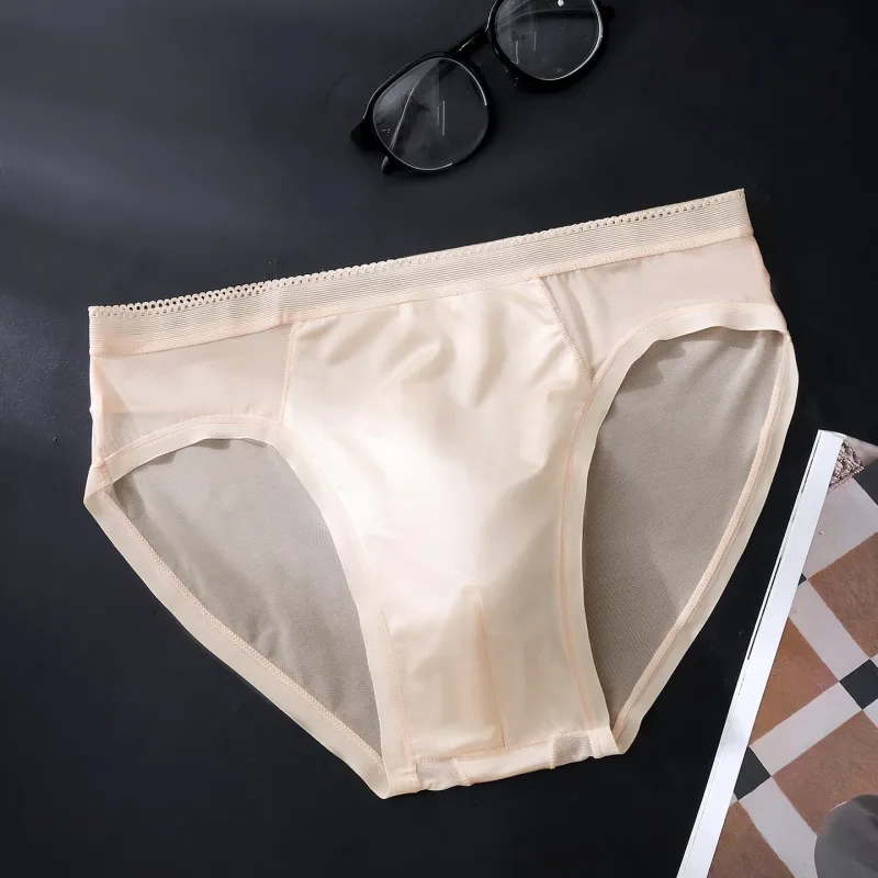 Male Glossy Silk Satin Briefs High Rise Lace Trim Ice Silk Underwear Soft Breathable U Pouch Men Panties