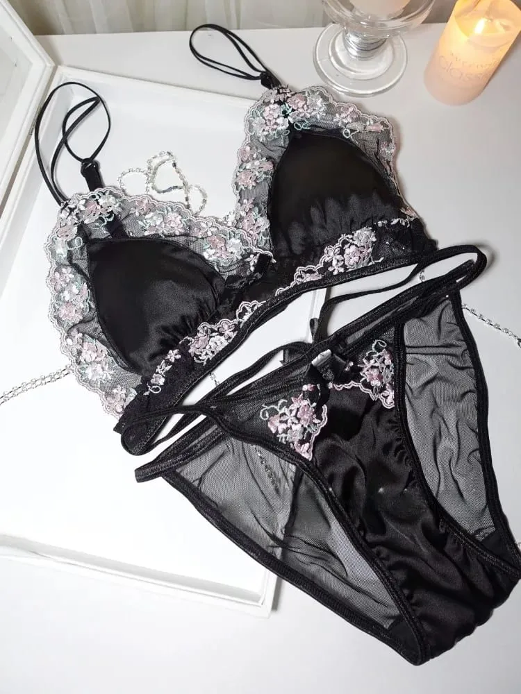 Gadis Perancis Bra Nipis Segitiga Cawan Ungu Sulaman Cahaya Sutera Mewah Set Seluar Dalam Renda Keinginan Tulen Seksi